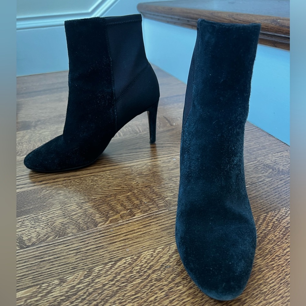 BODEN‎ Black Suede Heeled Ankle Boots Booties Leather Pull On Stretch 38